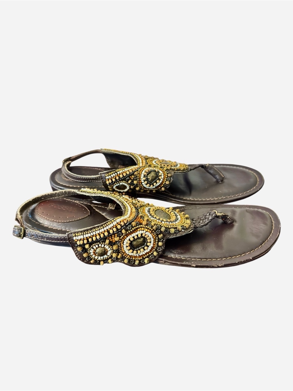Fossil Size 10 Brown Beaded Leather Thong Sandals Boho Slingback Gladiator - Picture 4 of 11